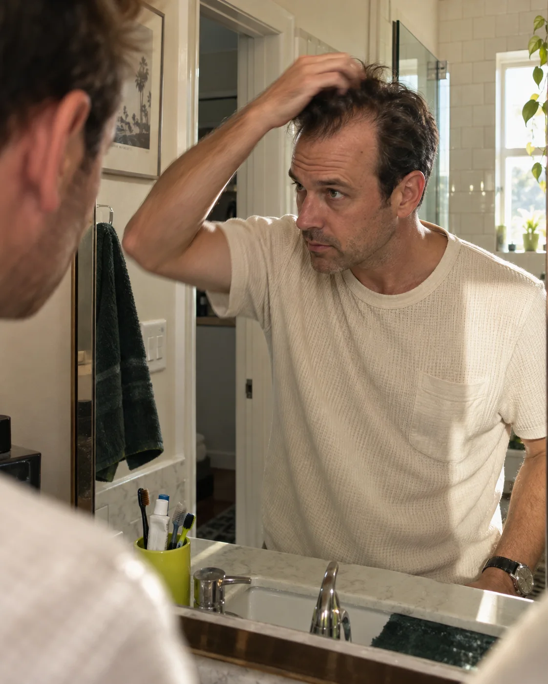 A man fixing his hair in a bathroom mirror