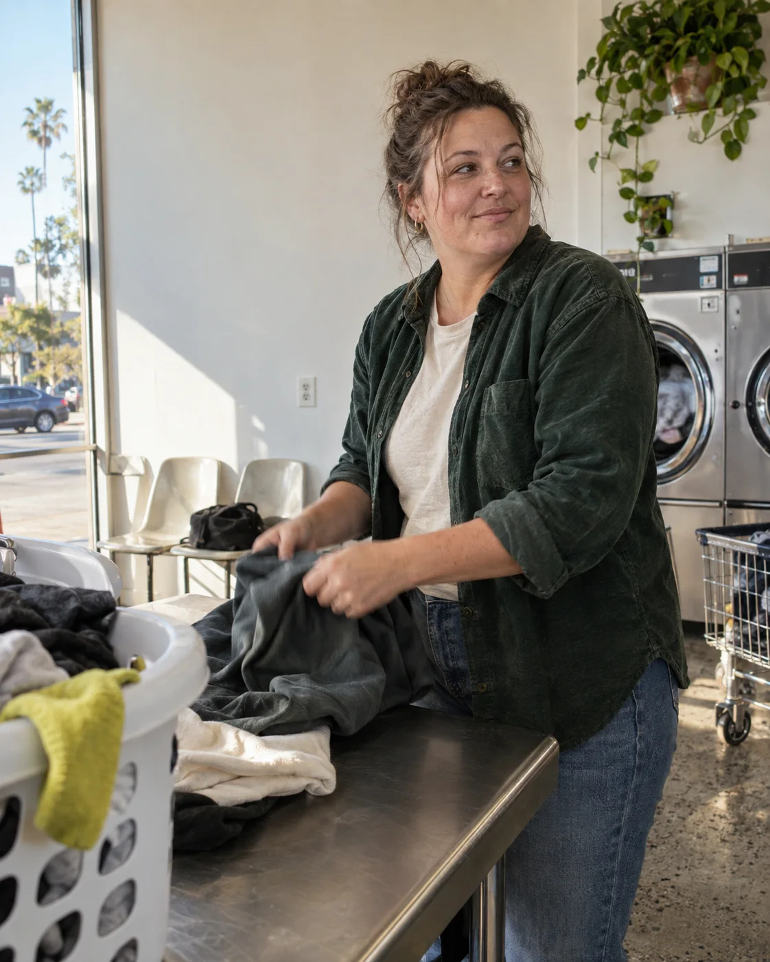 A woman folding laundry in a Los Angeles laundromat